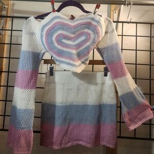 Multicolor Heart Pattern Women's Sweater And Skirt